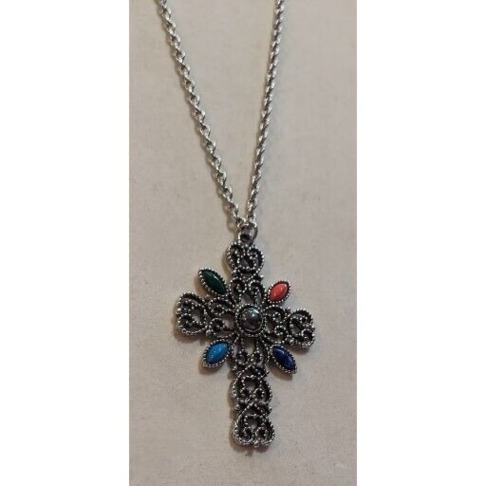 Vintage Estate Large Avon Silver Tone Cabochon Cross Pendant Necklace 24" - Picture 4 of 8